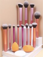 12pcs Multi-Functional Makeup Brush Set Including Powder Brush, Blush Brush, Foundation Brush, Eyeshadow Brush, Blending Brush, Contour Brush, Along With An Oblique Cut Beauty Blender, Rounded Beauty Blender, And White Powder Puff