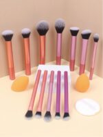 12pcs Multi-Functional Makeup Brush Set Including Powder Brush, Blush Brush, Foundation Brush, Eyeshadow Brush, Blending Brush, Contour Brush, Along With An Oblique Cut Beauty Blender, Rounded Beauty Blender, And White Powder Puff