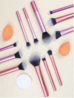 12pcs Multi-Functional Makeup Brush Set Including Powder Brush, Blush Brush, Foundation Brush, Eyeshadow Brush, Blending Brush, Contour Brush, Along With An Oblique Cut Beauty Blender, Rounded Beauty Blender, And White Powder Puff