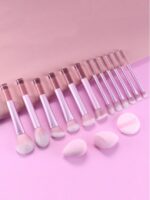 12pcs Multi-Functional Makeup Brush Set Including Powder Brush, Blush Brush, Foundation Brush, Eyeshadow Brush, Blending Brush, Contour Brush, Along With An Oblique Cut Beauty Blender, Rounded Beauty Blender, And White Powder Puff