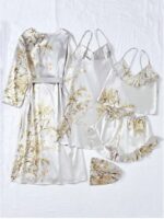 Silk-Like Flower Print Camisole Top & Shorts & Dress & Robe & Storage Bag, Pajama Set