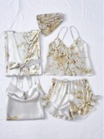 Silk-Like Flower Print Camisole Top & Shorts & Dress & Robe & Storage Bag, Pajama Set