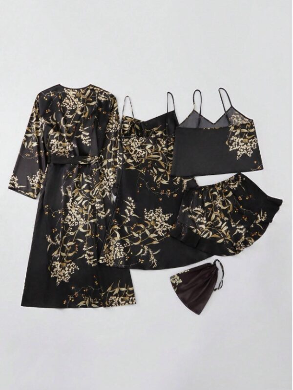 Silk-Like Flower Print Camisole Top & Shorts & Dress & Robe & Storage Bag, Pajama Set