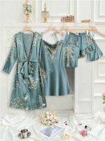 Silk-Like Flower Print Camisole Top & Shorts & Dress & Robe & Storage Bag, Pajama Set