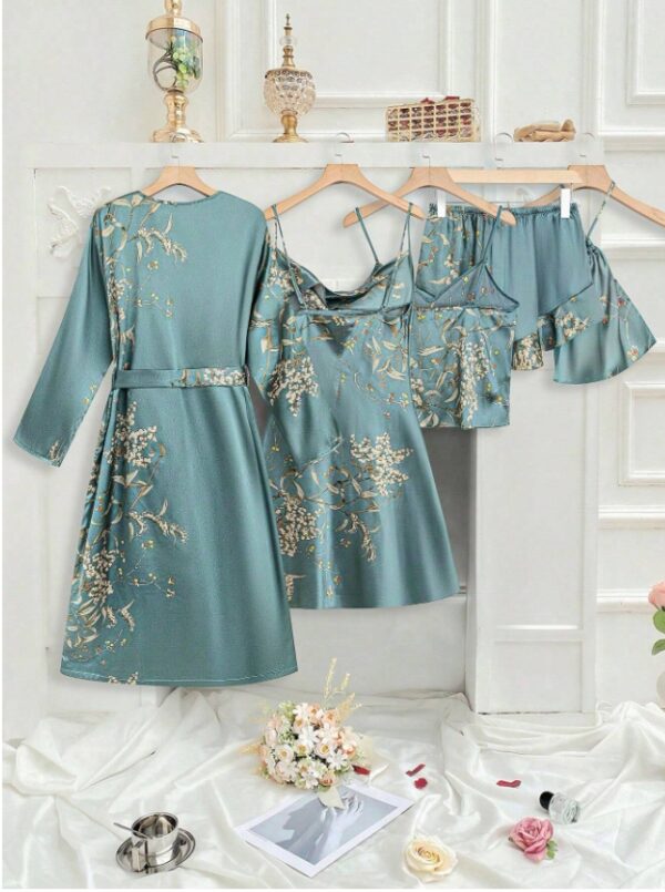 Silk-Like Flower Print Camisole Top & Shorts & Dress & Robe & Storage Bag, Pajama Set