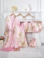 Silk-Like Flower Print Camisole Top & Shorts & Dress & Robe & Storage Bag, Pajama Set